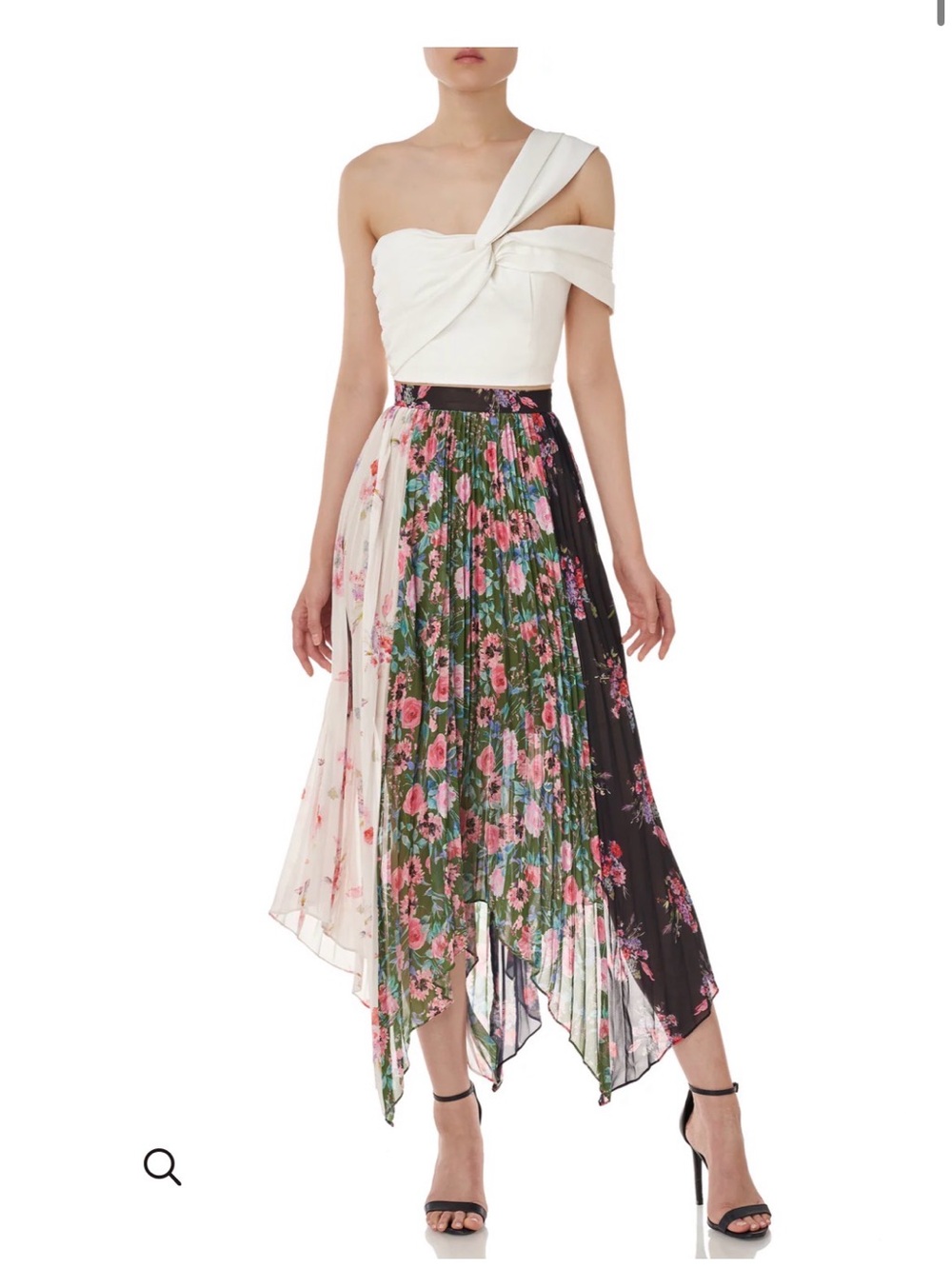 AMUR Mica Pleated Asymmetric Hem Midi Skirt